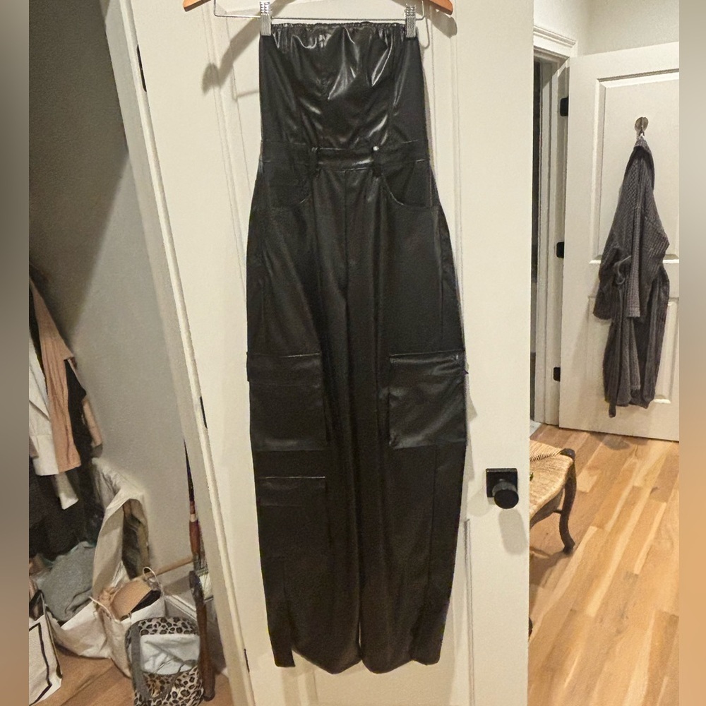 Ego Strapless Faux Leather Wide-Leg Jumpsuit - Black